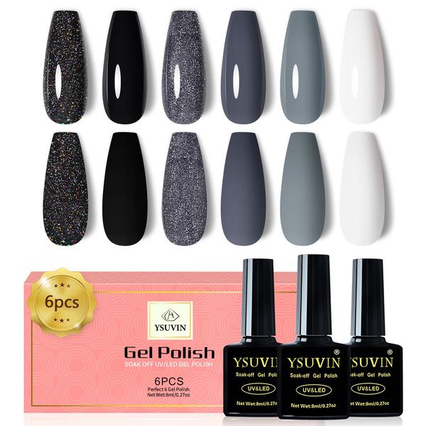 Yueshop 6 Colors Gel Nail Polish Dark Gray Glitter Gel Nail Polish Black Sparkle White Gel Polish Kit, Soak Off UV LED Gel Nail Lamp Nail Art Varnish Manicure