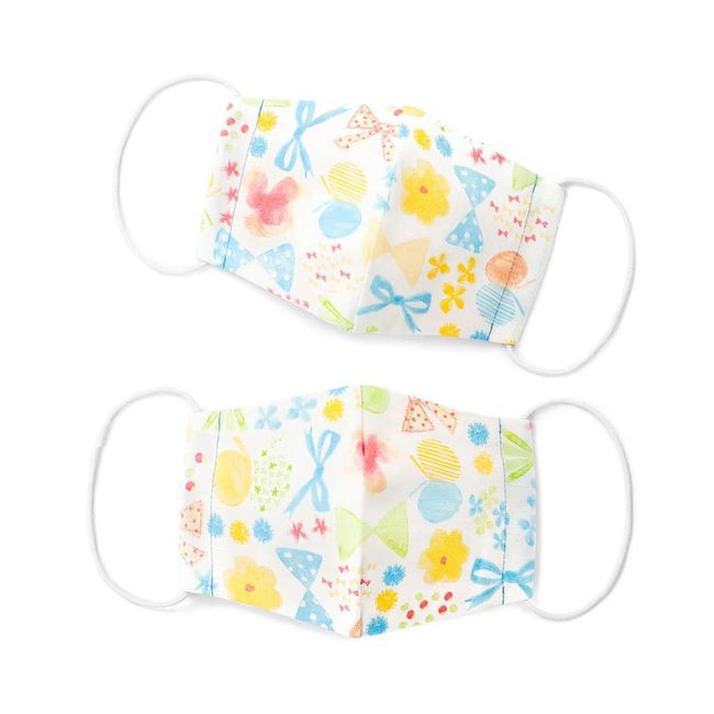 COLORFUL CANDY STYLE N5321802 Mask, For Kids, Girls, 2-Piece Set, Washable, 3D Fabric, Antibacterial, Small, Flower Beads and Fluffy Pastel Ribbon