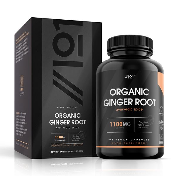 Organic Ginger Root 1100mg - 45 Days Supply - 90 Vegan Capsules - by Alpha01®