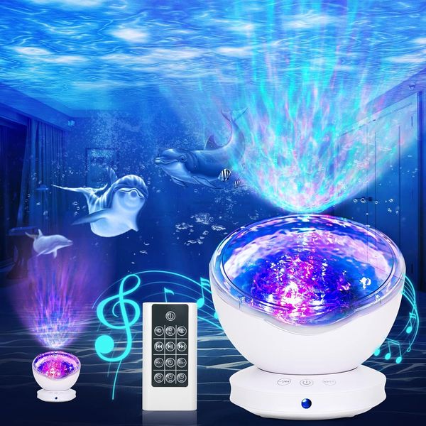 Ocean Wave Projector, 8 Lighting Modes Skylight Projector with 6 Sleep Aids, Remote Control LED Projection Lamp, Timing Function, Room Projector Suitable for Children, Bedroom, Living Room Decoration