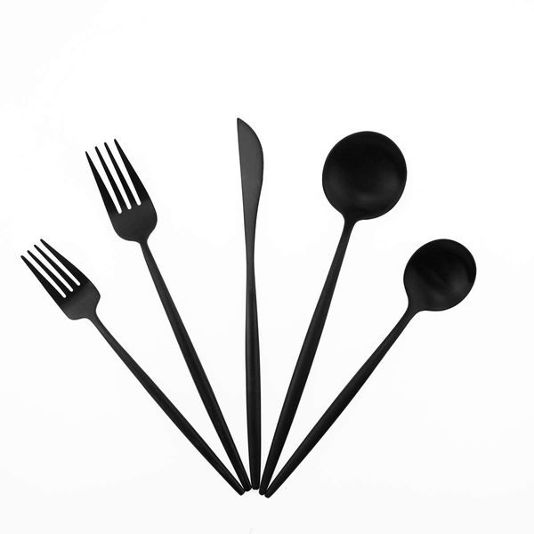 Matte Balck Silverware Set,Gugrida 5-Piece 18/10 Stainless Steel Satin Finish Flatware Set,Kitchen Utensil Set,Tableware Travel Cutlery Set for Camping Office or School Lunch, Dishwasher Safe