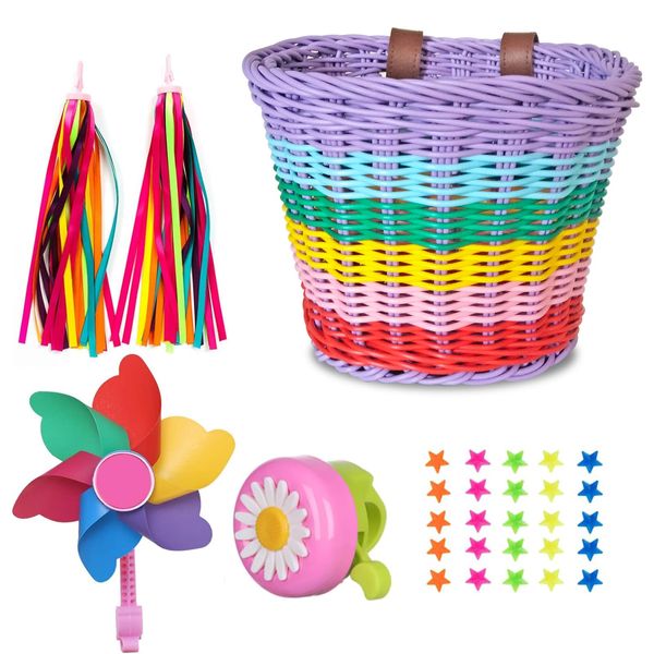 Bicycle Basket for Girls, Adjustable Front Handlebar Bike Basket with Bike Streamers Set Bell/Bicycle Windmill/Bicycle Wheel Beads DIY Bike Decoration Accessories Kit Gift (Rainbow 1)