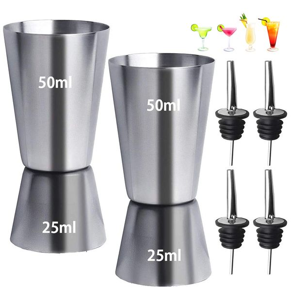 2Pcs Spirit Measures 25ml 50ml, Stainless Steel Shot Measure Alcohol Gin Jigger Bar Craft Dual Drinks Measure Cup with 4Pcs Freeflow Pourers