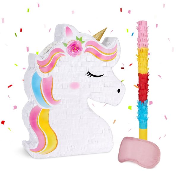 WERNNSAI Unicorn Pinata - Unicorn Party Supplies Pinata Bundle with Blindfold and Bat for Girls Kids Rainbow Unicorn Theme Birthday Party Game Decorations (15.7" x 12.2" x 3.1")