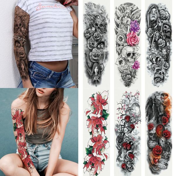 Kotbs 6 Sheets Full Arm Temporary Tattoo, Waterproof Extra Large Temporary Tattoos for Women Men Adults Black Skull Rose Body Art Tattoo Sticker Fake Tattoo