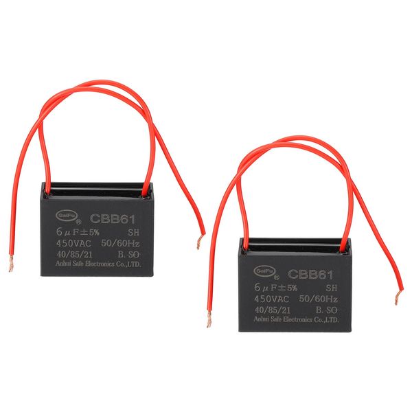 PATIKIL 6uF 450V CBB61 Capacitor, 2Pcs Ceiling Fan Capacitor, Black, Rectangular, Polypropylene
