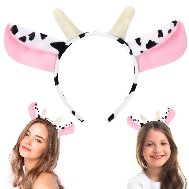 PROUSKY Cow Ears Headband, Soft Plush Cow Ear and Horn Hair Hoop Hairband, Fashionable Cow Ears Costume Accessories for Girls and Women, Ideal for Birthday Costume Parties, Daily Decoration