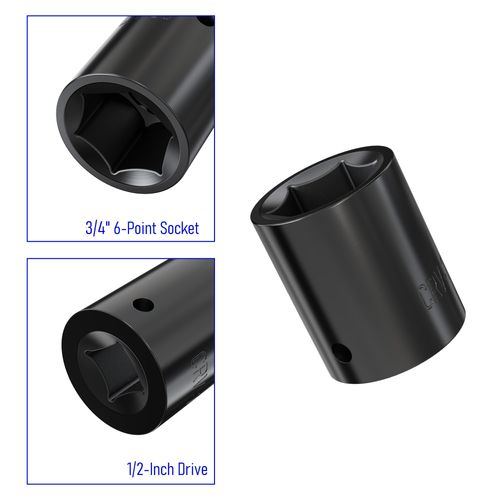FOCMKEAS 3/4" Shallow Impact Socket, 1/2 Inch Square Drive, 6-Point, Imperial SAE, Heat Treated CR-V Steel Short Stubby Sockets, Black Phosphating, 1.5 Inch Length(Black, 3/4-Inch)