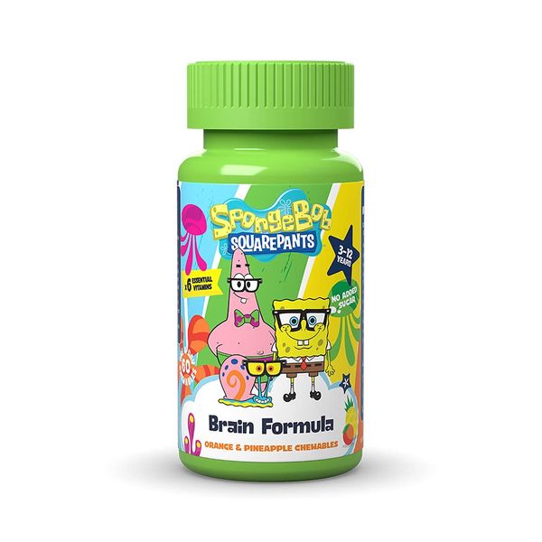 SpongeBob SquarePants Brain Formula, 60 Orange & Pineapple Chewables with 12 Essential Vitamins, Vegan, No Added Sugar, for 3-12 Year Olds