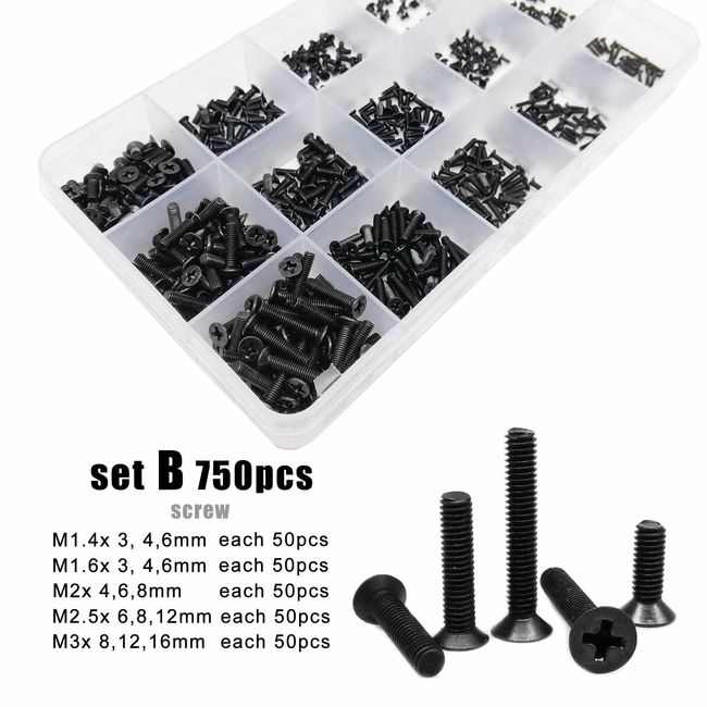 750pcs M1.4 M1.6 M2 M2.5 M3 Phillips Pan Head Small Machine Screws