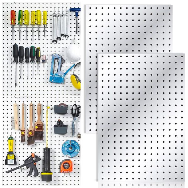 2 Pcs Pegboard, Metal Pegboard Wall Panels - Pegboard Wall Organizer System - Peg Boards for Walls, Small Peg Board Tool Storage, White Pegboard for Garage, Craft Room, Workbench, Kitchen, Office