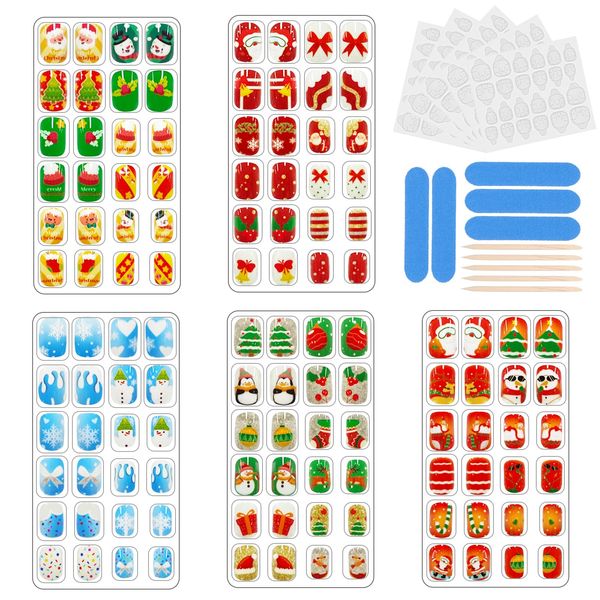 Scettar 120 Pcs Christmas Nails, 5 Pack Kids Nails, Reusable Christmas False Nails, Christmas Nail Art, Nail Decoration for Children