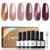 Modelones Cat Eye Gel Nail Polish Set 6 Colors, Glitter Gel Polish Set Magnetic Gel Nail Polishes Dark Purple Gold Shiny Chrome Diamond Nail Gel Polish DIY Manicure KitAnnual Limited Edition