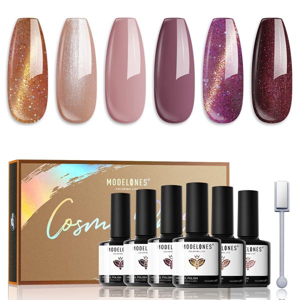Modelones Cat Eye Gel Nail Polish Set 6 Colors, Glitter Gel Polish Set Magnetic Gel Nail Polishes Dark Purple Gold Shiny Chrome Diamond Nail Gel Polish DIY Manicure KitAnnual Limited Edition