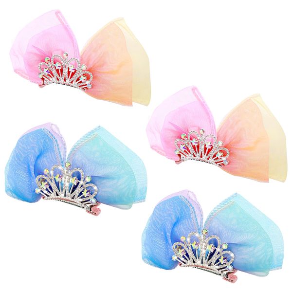 4Pcs Crown Bow Hair Clip Diamond Hair Pin Princess Headband Ribbon Cute Metal Snap Sparkly Tiara Gradient Rhinestone Side Hair Barrette Mini Headdress Styling Accessories for Halloween Christmas Party