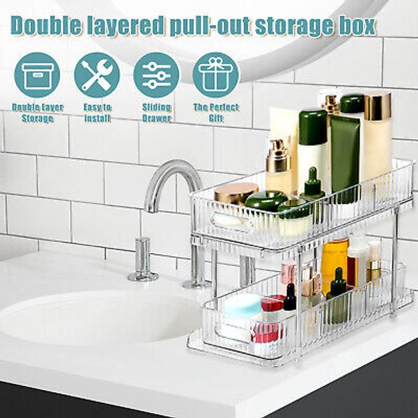 2-Tier Under Sink Organizer Clear Bathroom Organizers and Storage Pull Out BlVZz