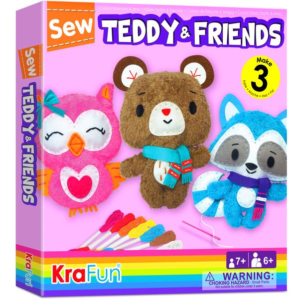 KRAFUN Sewing Kit for Kids Age 7 8 9 10 11 12 Beginner My First Art & Craft, Includes 3 Stuffed Animal Dolls Teddy, Raccoon and Owl, Instructions & Plush Felt Materials for Learn to Sew, Embroidery