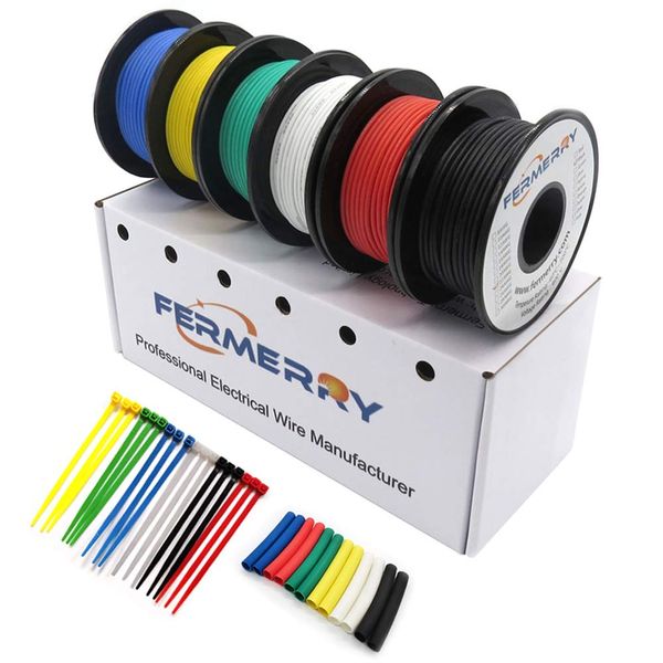 Fermerry 20 AWG Electrical Wire 0.5mm² Flexible Silicone Tinned Copper Wire Hook up Kit Stranded Wire Spool 10ft 3 Meter Each 6 Colors Gauge