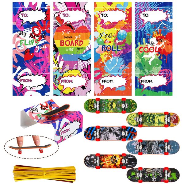 Zhanmai 28 Pcs Valentines Day Cards with 28 Pcs Collectible Fingerboards, Valentine Party Favor Greeting Card Mini Skateboards Novelty Toys and Amusements for School Classroom Exchange Prize Gift