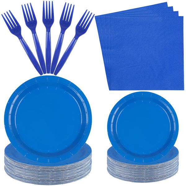 Fairooth 100 Count Blue Paper Plates and Napkins Blue Party Tableware Set Blue Disposable Plates Napkins and Forks for Wedding Birthday Party Bridal Shower Baby Shower, Serve 25