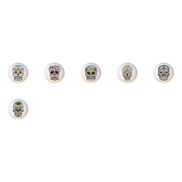 SET OF 6 KNOBS - Skull Set #51292 - Happy Sugar Skulls Skeleton - DECORATIVE Glossy CERAMIC Cupboard Cabinet PULLS Dresser Drawer KNOBS