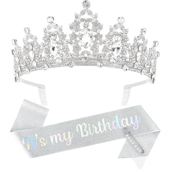 BAHABY Birthday Crown for Women It's My Birthday Sash & Rhinestone Tiara Set Princess Birthday Sash and Tiara for Women Birthday Decorations (Silver)