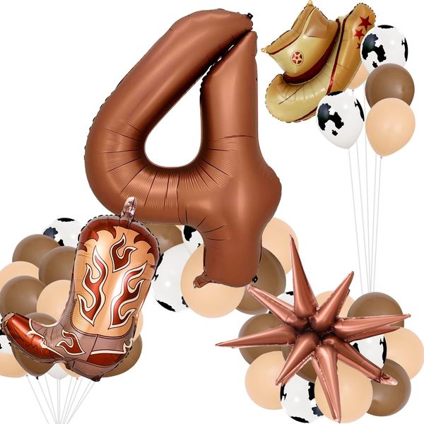 Number 4 Balloons Cowboy Themed Party Decorations, 40inch Foil Balloon Brown Number Balloons, Cow Balloons Cow Farm Cowboy Hat Balloons for Kids Cowboy Birthday Party Decorations