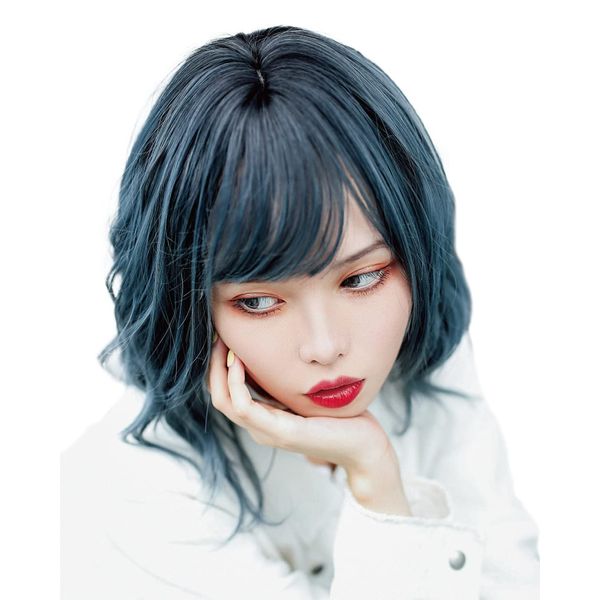 TefuRe H-6132 Medium Semi-Long Wig Bangs Wig Women, black/navy