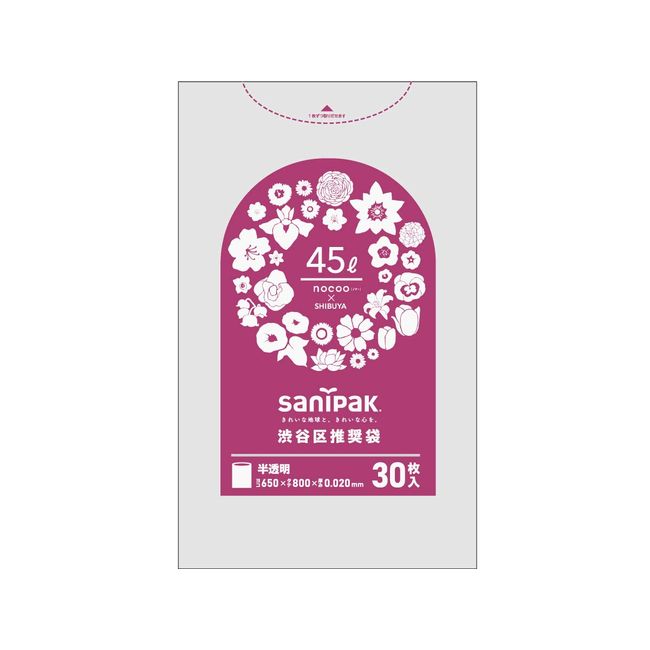 Nippon Sanipak CT53 Trash Bags, Poly-Bags, Nocoo, Shibuya Ward, Recommended Miscellaneous Colors, Translucent, Floral Pattern, 10.9 gal (45 L), 30P, 25.6 x 31.5 inches (65 x 80 cm)