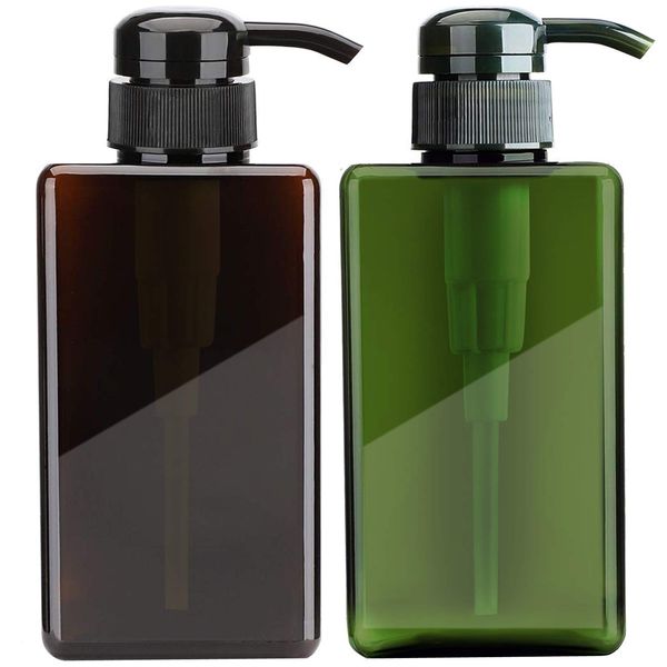 JamHooDirect 2Pcs 450ml / 15.8oz Empty Plastic Pump Bottles, Refillable Lotion Shampoo Body Washing Cream Shower Gel Square Storage Holder Container Toiletries Liquid Dispenser (Brown + Green)