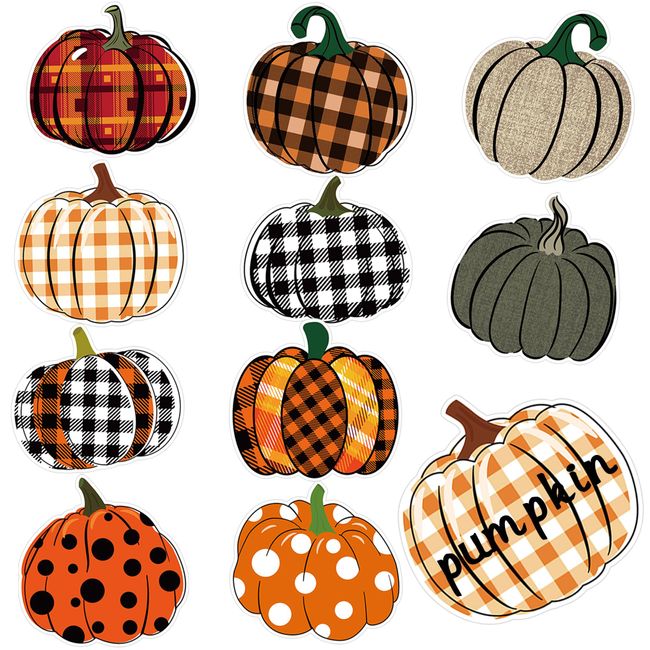 100 PCS Fall Pumpkin Paper Cutouts Buffalo Plaid Pumpkin Cutouts Fall Harvest Bulletin Board Decor with Glue Points for Classroom Autumn Thanksgiving Party Halloween Decor