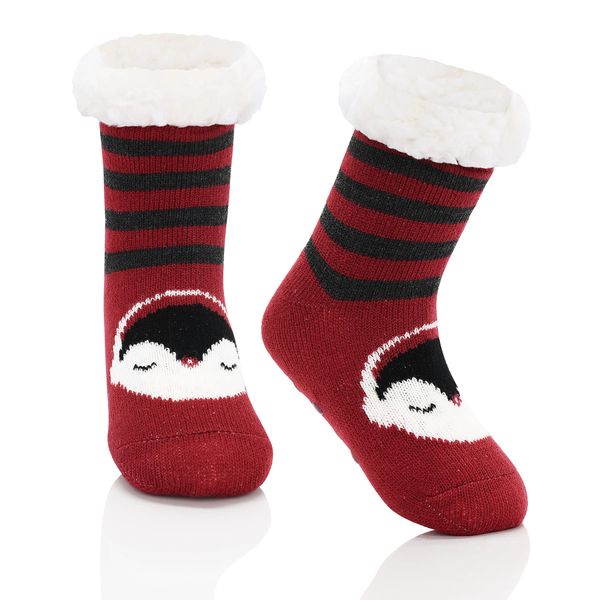 Zando Flauschige Lustig Kuschelsocken Kinder Haussocken Kinder Antirutsch Thermosocken für Mädchen und Jungen Roter Pinguin 8-12 Jahre