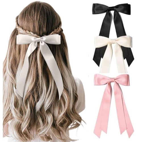 AYNKH 3PCS Big Bow Hair Clips, Silky Satin Ribbon Ponytail Holder Accessories French Barrette, Solid Color Simple Fastener for Women Girls Teens