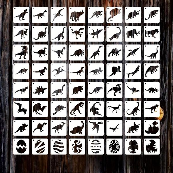 64Pcs Dinosaur Stencils for Painting on Wall Wood, Reusable DIY Painting Templates Kit, Cute Drawing Paint Stencils Arts Crafts for Gift Card, Rock, Clothes, Canvas Decoration (7.6x7.6CM)