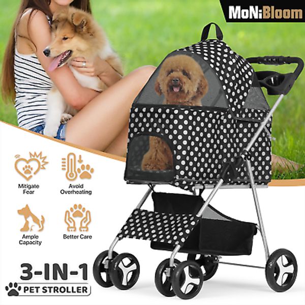 4 Wheels Foldable Pet Stroller Adjustable Cat Cage Cup Holder+Detachable Basket