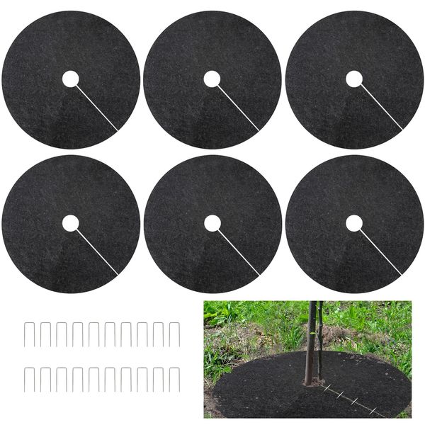 20.5 Inch Non-Woven Tree Mulch Ring, Thickened Tree Protector Mat, Plant Cover with 20 Staples Stakes, Round Anti Grass Gardening Landscaping Fabric Cover for Weed Control Root Protection (6 Pack )