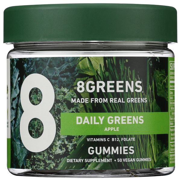 8Greens Daily Greens Gummies - Superfood Booster, Energy & Immune Support, Made with Real Greens, Greens Powder, Vitamin C, B12, Spirulina - Apple, 50 Count