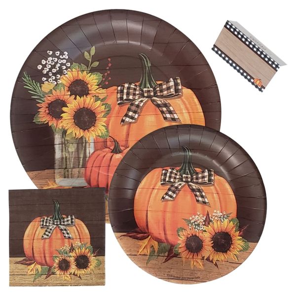 4Kay Collections Fall Thanksgiving Dinnerware Set - Disposable Party Supplies Bundle with 20 Large Plates, 20 Small Plates, 50 Napkins, 20 Name & Activity Place Cards- 110 Items (Pumpkin & Sunflower)