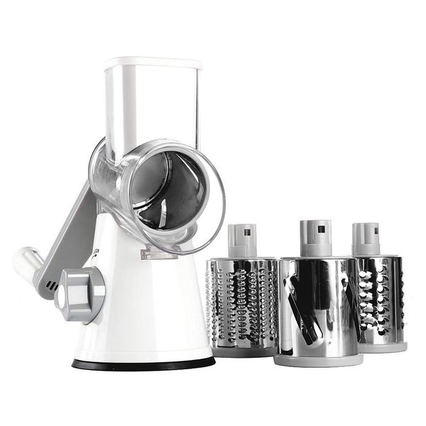 Ourokhome Cheese Grater Vegetable Slicer - Rotary Round Drum Grater Chopper with 3 Stainless Steel Drums Strong Suction Base