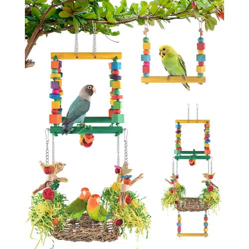 DBNESS Bird Hammock Toys Parakeet Perches Swing, 3in1 Detachable Parrot Cage Accessories, Wooden Hanging Chew Toys for Medium Small Birds Budgie Lovebird Cockatiel Parakeet Finches