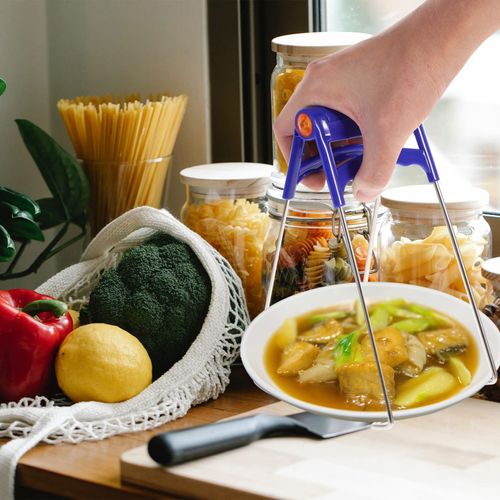 DOITOOL Hot Plate Gripper Clips Stainless Steel Kitchen Folding Hot Dish Lifter Tongs Anti- Scald Air Fryer Pans Retriever Crockery Holder Kitchen Gadgets for Cook Chef Blue