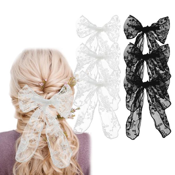 SUPERFINDINGS 6 Stück 2 Farben Bow Hair Clips Große Spitzen Haarspangen Tüllschleifen Haarclips Schwarz Und Weiß Elegante Haarstyling Zubehör Für Hochzeit Braut