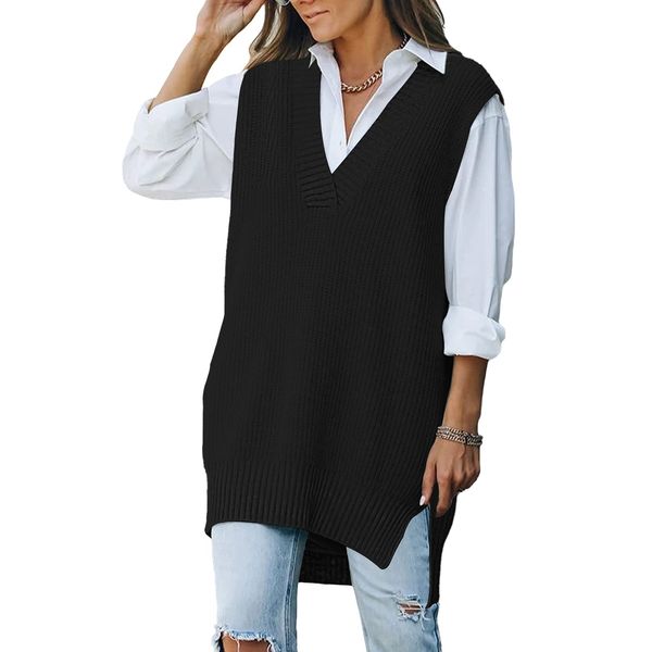 Viottiset Women's Oversized V Neck Houndstooth Knit Sweater Vest Sleeveless Tunic Top Black Large