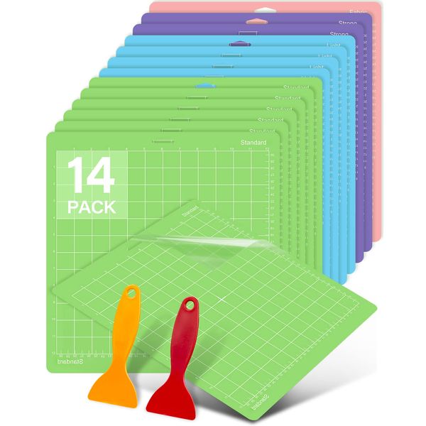 Colemoly 12x12 Cutting Mat 14 Pack Variety for Cricut Maker/Explore 3/Air 2/Air/One 2 Pack Cut Mats Scrapers Sticky Cricket Card Replacement Accessories Pad for Supplie Standard Light Strong Frabic