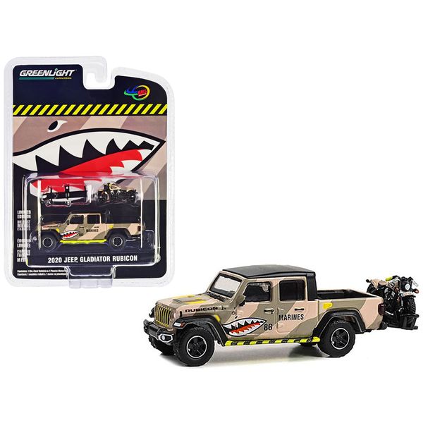 Greenlight 2020 Gladiator Rubicon Pickup Truck Desert Camouflage Marines - Shark Mouth Livery with Motorcycle and Hitch Rack 1/64 Diecast Model Car 51525