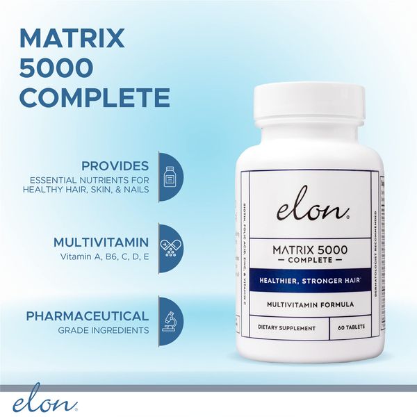 Elon Matrix 5000 Complete Multivitamin, Hair Skin & Nails Vitamin Biotin 5000 Mcg Supplement, Healthy & Stronger Hair, Hair Growth Vitamins - All Hair Types, 180 Day Supply