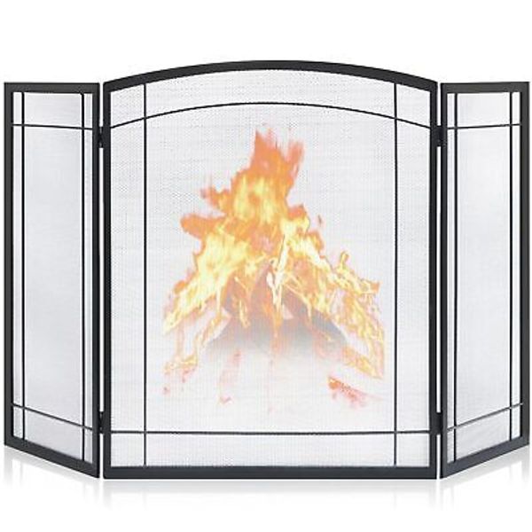 3 Panel Fireplace Screen 48" W x 29" H Modern Foldable with Wrought Metal Dec...