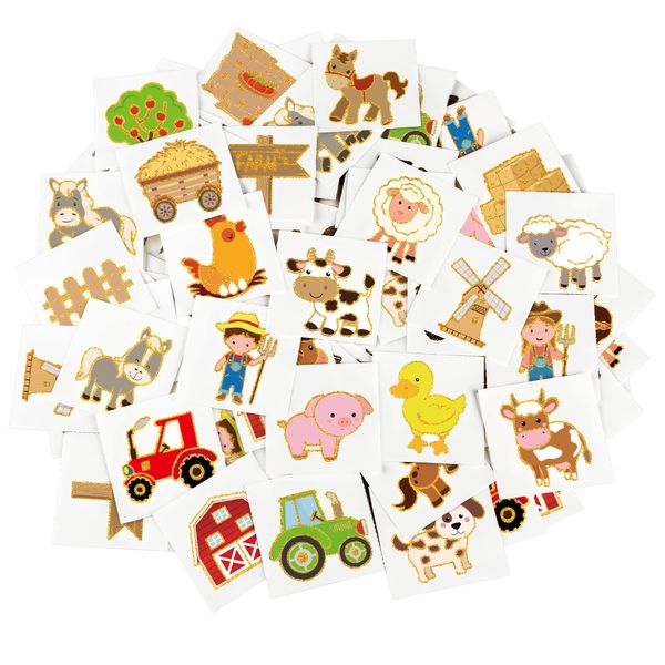 ADXCO 144 Pieces Farm Party Tattoos Gold Glitter Farm Barnyard Tattoos Farm Animal Temporary Tattoos for Kids Farm Birthday Decorations Party Favors Supplies, 24 Designs