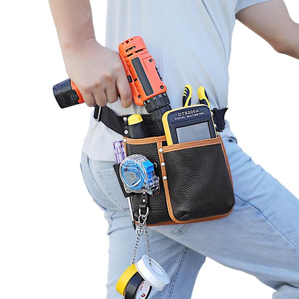 quipuda Tool Pouch, Genuine Leather Tool Belt Pouch, with Adjustable Waist Belt, Tool Bag with Tape Measure Holder for Electricians, Plumbers, Frame Builders