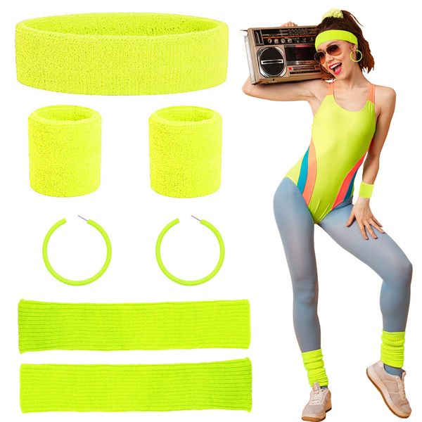 Beamely 80s Headband and Wristband Leg Warmers Party Set for Women and Girls, 1980s Neon Fancy Dress Costumes Accessories with Earrings Sport Kit for 80s Retro Them Party Supplies Gym Sport(Yellow)